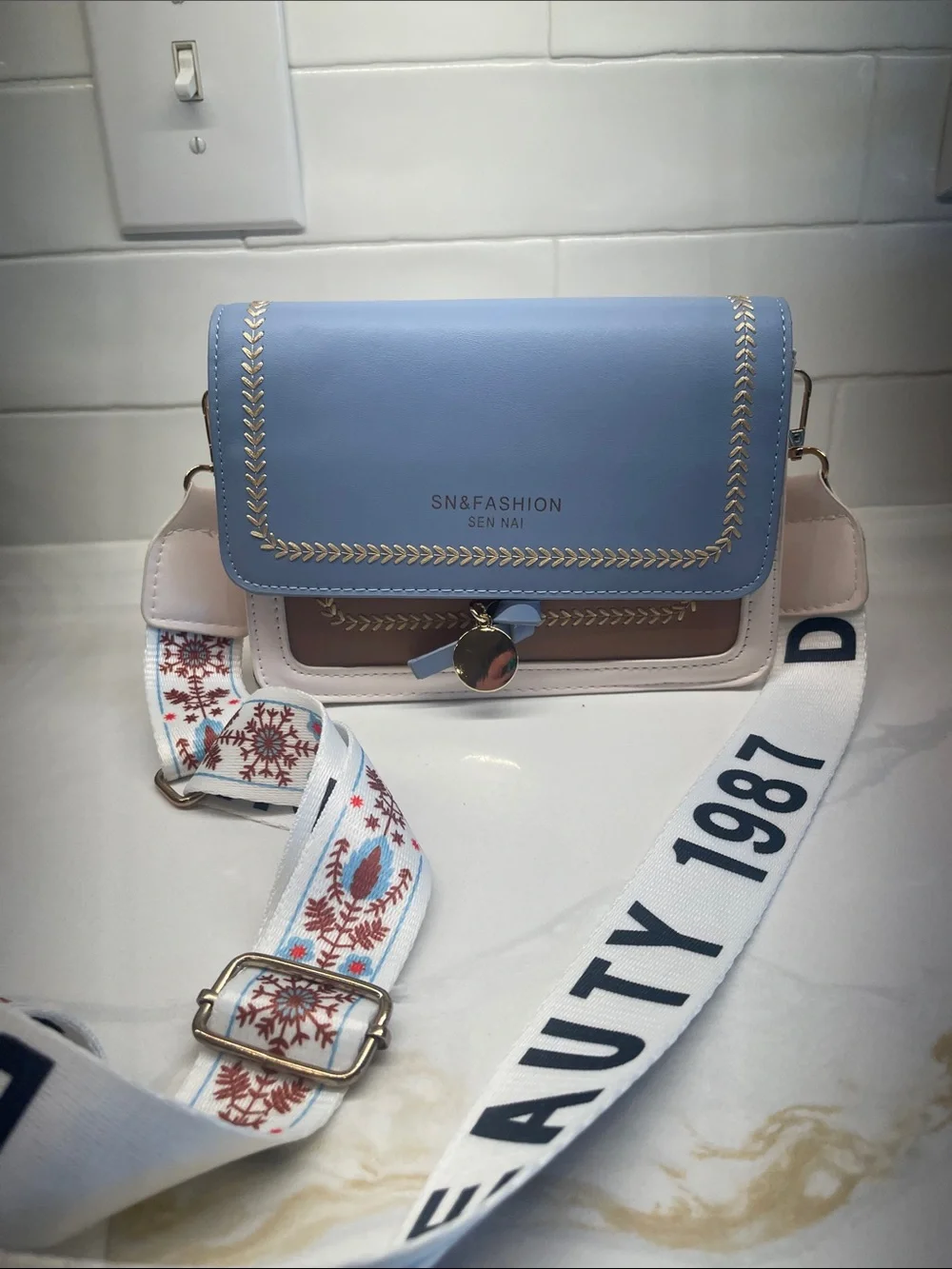 SHEIN Blue and Cream Crossbody Bag with Patterned Strap